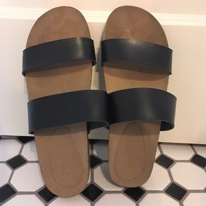 Black faux leather sandals